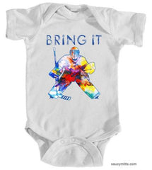 bring it hockey goalie watercolor infant bodysuit onesie white