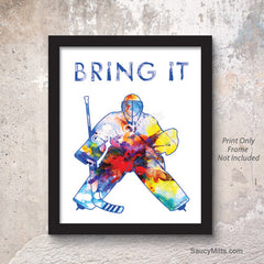 bring it hockey goalie watercolor poster blue