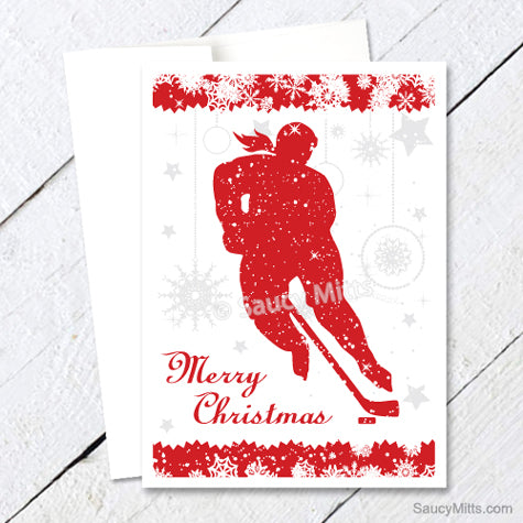Womens Hockey Christmas Card - Red Snowflakes
