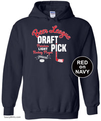Beer League Draft Pick Hockey Hoodie red on navy