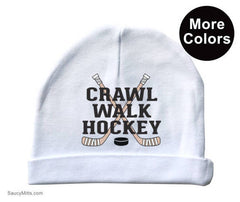 crawl walk hockey baby beanie cap hat hockey sticks White