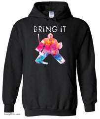 girls Bring It Hockey Goalie Watercolor Hoodie Pink black