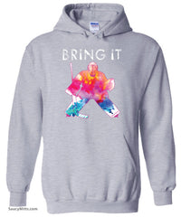 girls Bring It Hockey Goalie Watercolor Hoodie Pink heather gray