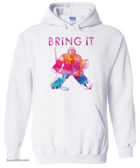 girls and women Bring It Hockey Goalie Watercolor Hoodie Pink white