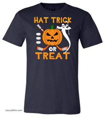 A navy blue short-sleeve crewneck t-shirt featuring a Halloween graphic on the chest with the text 'HAT TRICK OR TREAT' in orange, a jack-o'-lantern, a white ghost, and crossed hockey sticks.