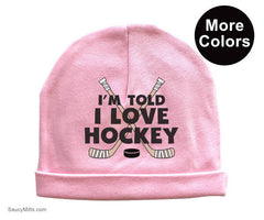 i'm told i love hockey baby beanie cap hat pink