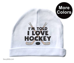 i'm told i love hockey baby beanie cap hat white