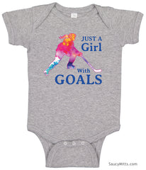 Just a Girl with Goals Hockey Baby Bodysuit heather gray