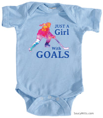 Just a Girl with Goals Hockey Baby Bodysuit light blue