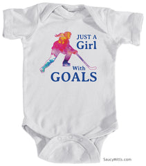 Just a Girl with Goals Hockey Baby Bodysuit white