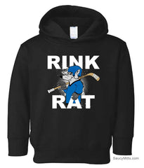 A black toddler pullover hoodie featuring a graphic of a cartoon rat with blue hockey jersey and helmet playing hockey with the text 'RINK RAT' in white distressed lettering.