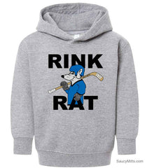 A heather gray toddler pullover hoodie featuring a graphic of a cartoon rat with blue hockey jersey and helmet playing hockey with the text 'RINK RAT' in black distressed lettering.