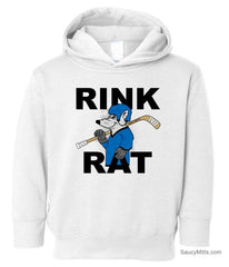A white toddler pullover hoodie featuring a graphic of a cartoon rat with blue hockey jersey and helmet playing hockey with the text 'RINK RAT' in black distressed lettering.