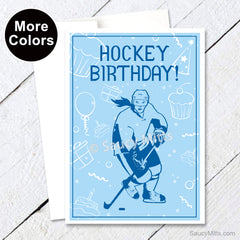 women's hockey birthday card presents and balloons blue
