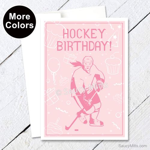 women's hockey birthday card presents and balloons pink