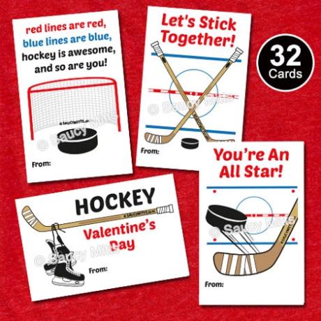 32 kids hockey valentine's cards with hockey elements
