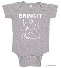 bring it hockey goalie infant bodysuit onesie heather gray