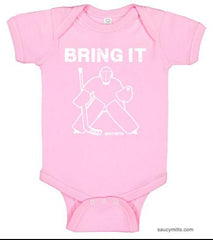 bring it hockey goalie infant bodysuit onesie light pink