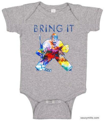 bring it hockey goalie watercolor infant bodysuit onesie heather gray