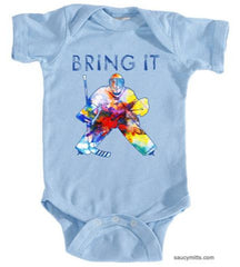 bring it hockey goalie watercolor infant bodysuit onesie light blue