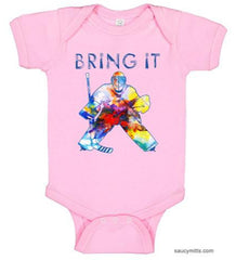 bring it hockey goalie watercolor infant bodysuit onesie pink