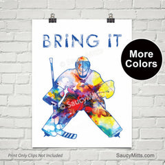 bring it hockey goalie watercolor poster blue
