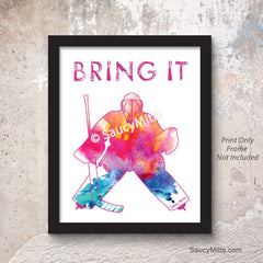 girls bring it hockey goalie watercolor poster pink