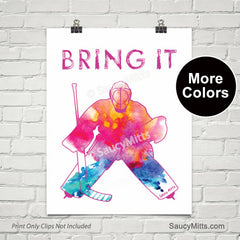 girls bring it hockey goalie watercolor poster pink