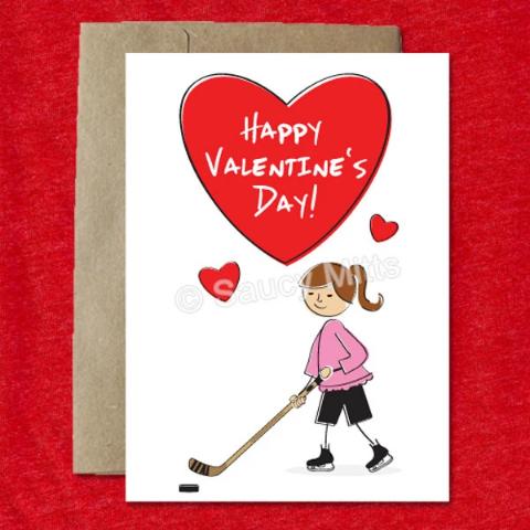 cartoon girl hockey valentine's card