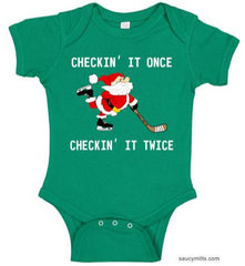 Checking It Hockey Santa Baby Bodysuit kelly green