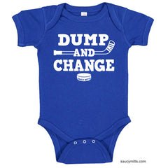 Dump and Change Hockey Infant Bodysuit White on royal blue
