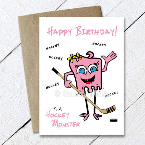 Girls Pink Hockey Monster Birthday Card - Saucy Mitts Hockey girls-pink-hockey-monster-birthday-card-saucy-mitts-hockey