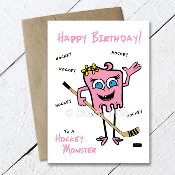 girls hockey monster birthday card pink