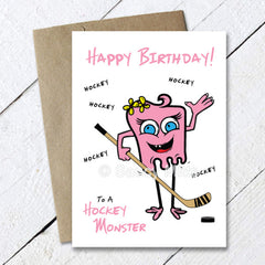 girls hockey monster birthday card pink