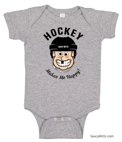 Hockey Makes Me Happy Baby Bodysuit heather gray