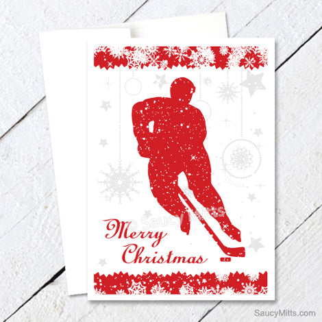 Hockey Christmas Card - Red Snowflakes