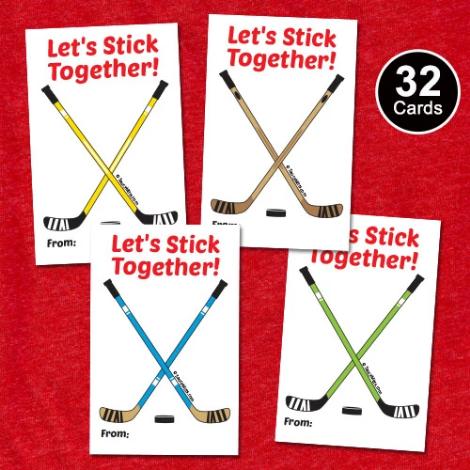 32 kids hockey valentine's cards with hockey sticks