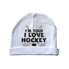 i'm told i love hockey baby beanie cap hat white