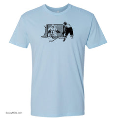 shot on net hockey shirt light blue